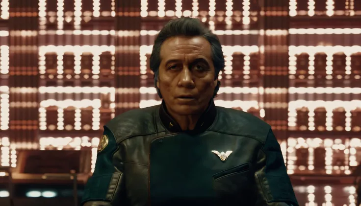 StrfldChr, cinematic photo, williamadama wearing a textured jack, sitting in a study in front of bookshelves, staring at the camera, sci-fi, bokeh, highly detailed, film grain, grainy <lora:StarfieldCharactersXL_v2:1> <lora:Adama:0.9>