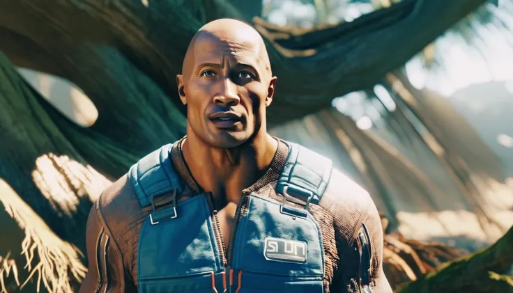 cinematic photo, Dwayne Johnson wearing futuristic overalls, standing in front of a tree, staring at the camera, bokeh, highly detailed, film grain, grainy,  st4rfi3ldchar style <lora:StarfieldCharactersXL_v1:1>