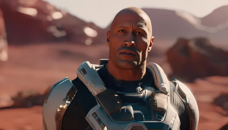StrfldChr, Dwayne Johnson on an alien planet, staring at the camera, depth of field, bokeh <lora:StarfieldCharactersXL_v2:1>