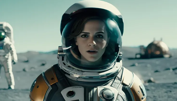 (StrfldChr:1.2), close-up of Emma Watson standing on the moon in front of a moonbase wearing a spacesuit, staring at the camera, sci-fi, depth of field, bokeh <lora:StarfieldCharactersXL_v2:1>