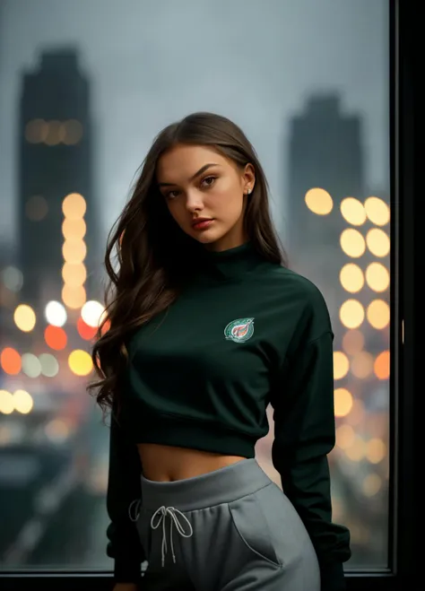 S362_IndiaGraceHalsell, (((masterpiece))),(((best quality))), highly detailed, (1girl), standing in front of a window, wearing track pants and cropped sweatshirt, side profile, raining outside, detailed water, city lights reflecting off the window, dusk, dynamic lighting, shadows, kodak film, high budget, bokeh, moody, epic, gorgeous, film