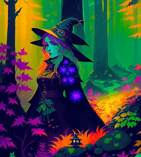 (((a female witch))) in a mysterious forest, colorfull, fantasy, steaming hot pot, owl, trees, landscape, sunset colors, mist, ferns, (((bioluminescent musrooms))), plants, wines, 512paintstyle3-light, rzminjourney