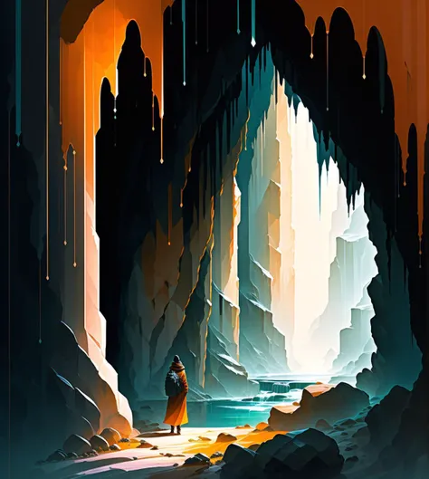 masterpiece, a man standing in cave porch entrance in the background, stalactites, lights effects, waterfall, headlight, 512paintstyle3-light, rzminjourney