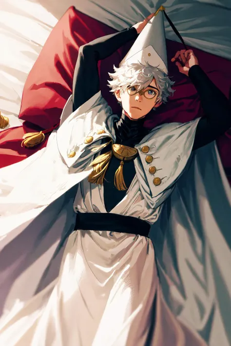 masterpiece, best quality, highres, 1boy glasses, hat, white cape white robe <lora:qifrey:1> lying on back, arms up, bed sheet