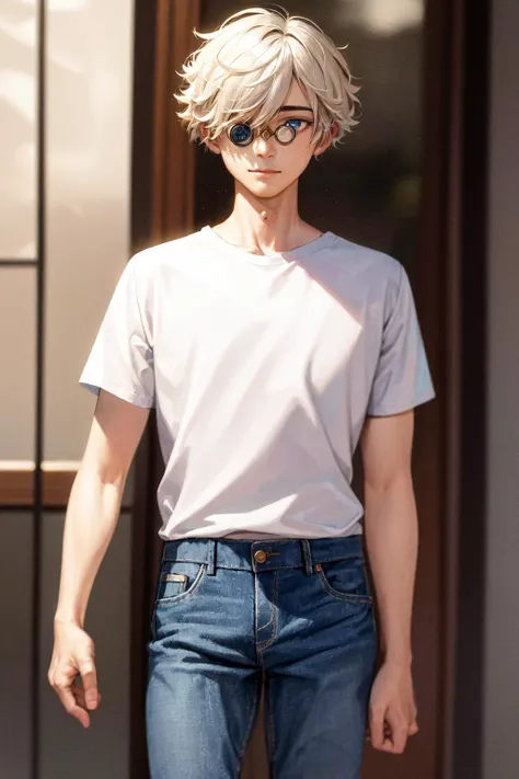 masterpiece, best quality, highres, 1boy glasses <lora:qifrey:1> shirt, white shirt, denim