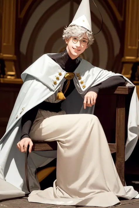 masterpiece, best quality, highres, 1boy glasses, hat, white cape white robe <lora:qifrey:1> photorealistic, sitting, (light smile:0.6)