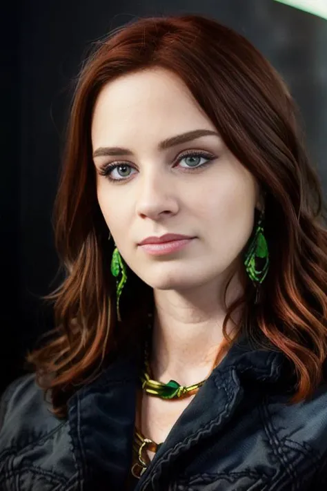 <lora:3m1lyblunt:0.9>, a Realistic portrait of a 3m1lyblunt woman, long hair, jewelry, green eyes, jacket, upper body, red hair, earrings, necklace, orange hair, lips, looking to the side, realistic, nose, denim jacket, soft lighting, professional Photography, Photorealistic, detailed, standing in a dark Studio Room background, blurred background, RAW, analog, sharp focus, 8k, HD, DSLR, high quality, Fujifilm XT3, film grain, award winning, masterpiece