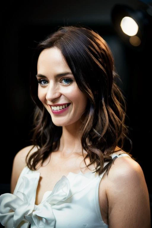 <lora:3m1lyblunt:0.9>, a Realistic portrait of a 3m1lyblunt woman, looking at viewer, brown hair, dress, cleavage, bare shoulders, upper body, small breasts, teeth, medium hair, grin, blurry, lips, blurry background, realistic, soft lighting, professional Photography, Photorealistic, detailed, standing in a dark Studio Room background, blurred background, RAW, analog, sharp focus, 8k, HD, DSLR, high quality, Fujifilm XT3, film grain, award winning, masterpiece
