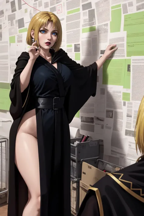 (high quality:1.1), extremely detailed,
Kitami Reika, (solo:1.2), 1girl, mature female, (PepeSilviaMeme:1.1), wall, paper, hand on wall,
wide-eyed,
blonde hair, short hair, lipstick, makeup, black eyeshadow, blue eyes, jewelry, cross earrings,
(black robe:1.1),
curvy, large breasts,
room,
<lora:Kitami-000008:0.8> <lora:PepeSilviaMeme:1.1>
