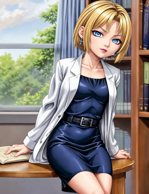 solo,(masterpiece, best quality),Kitami Reika sitting on table,blonde hair, short hair, lipstick, makeup, black eyeshadow, smokey eyes, blue eyes, jewelry, cross earrings, black dress, white labcoat, black thighhigs, library, window, books, long skirt,
<lora:Kitami-000008:0.8>
