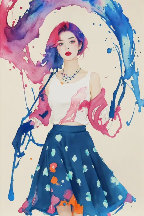 (beautiful woman portrait),best quality,masterpiece,official art,watercolor painting,(splashing color:1.2),(the flower skirt that outlines the color ink surrounds the woman:1.5),(minimalism),modern watercolor painting,<lora:pollock:0.6>,<lora:anxiang:0.5>,bright colors,romanticism,josya midton comics cover art,