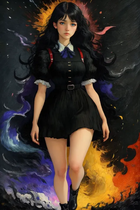 best quality,high quality,masterpiece,<lora:Vincent Willem van Gogh style:0.9>,VincentWillemvanGogh,girl,black clothes,black hair,<lora:pollock-01:0.5>,colorful sky,colorful explosion,detailed eyes,walking