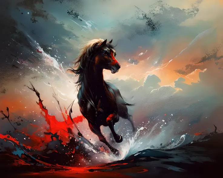 cinematic film still of ((((no human))))I enter your painting willingly, with ardour, enthusiasm and boundless energy. Is it the brilliant red that literally swallows me up, or those two majestic and splendid stallions in full gallop, their manes blowing in the wind, that call to me?
painting of a beautiful running wild horses, (perfect detailed eyes, perfect detailed head, perfect detailed body, muscles:1.5), (horse's mane blowing in the wind:1.5)
(dark, empty red grunge background:1.3), rimlighting, uncluttered background
(masterpiece) striking ground, wild field, dramatic lighting, otherworldly, best quality, oil painting, gloomy, goya2023, fog, (epic art, splashes, projectiles, projection, action:1.2), darkness, total freedom, breath, blow, large wild spaces, dynamic, cinematic shot,
<lora:goya2023:0.8> style, goya2023 style (no humans:1.5), <lora:haenraets:0.6> whaenraets <lora:add_detail:0.7> <lora:backlight_slider_v10:-0.6> <lora:pollock:0.1>, shallow depth of field, vignette, highly detailed, high budget, bokeh, cinemascope, moody, epic, gorgeous, film grain, grainy