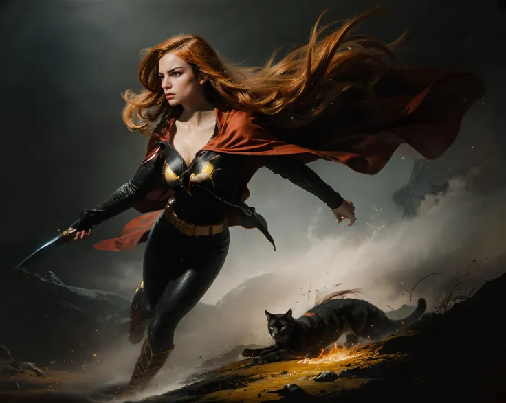 cinematic film still of A superhero battles , perfect detailed face, perfect detailed body, ,(beautiful detailed red cape:1.2), sword , long orange hair,
(dark, empty red grunge background:1.3), rimlighting, uncluttered background, fire,
Sharp focus, ((photorealism)) (masterpiece) striking ground, wild field, dramatic lighting, otherworldly, best quality, oil painting, gloomy, fog, (epic art, splashes, projectiles, projection, action:1.2), darkness, total freedom, breath, blow, large wild spaces, dynamic, cinematic shot, complementary colours, wind
<lora:add_detail:0.5> <lora:backlight_slider_v10:-0.6>
ruling class, elegant clothing, wind blowing, epic atmosphere, dark night, ((photorealistic), realistic face, medium breasts), beautifully detailed woman, realistic face, detailed mouth, extremely detailed eyes_and_face, beautiful attractive face, beautiful detailed eyes, pronounced feminine feature, matte eyeshadow, eyelashes, eyeliner, perfect body, smooth skin
color HD photo, 85mm, (full body, high quality photo, masterpiece), HDR, 8K resolution, analogue RAW DSLR, best quality, absurdres, vivid vibrant colors, skin pores, intricate detail, (intricately detailed face_and_eyes), realistic human hands, sophisticated detail, (realistic lighting, sharp focus), centerfold, bokeh, official art, 8k wallpaper, ultra high res, professional photography
<lora:goya2023:0.8> style, goya2023 style <lora:haenraets:0.4> whaenraets <lora:pollock:0.2>
<lora:Barbara:1> batgirl, suit, orange hair, , bodysuit, red cape, , covered legs, boots, perspective, shallow depth of field, vignette, highly detailed, high budget, bokeh, cinemascope, moody, epic, gorgeous, film grain, grainy