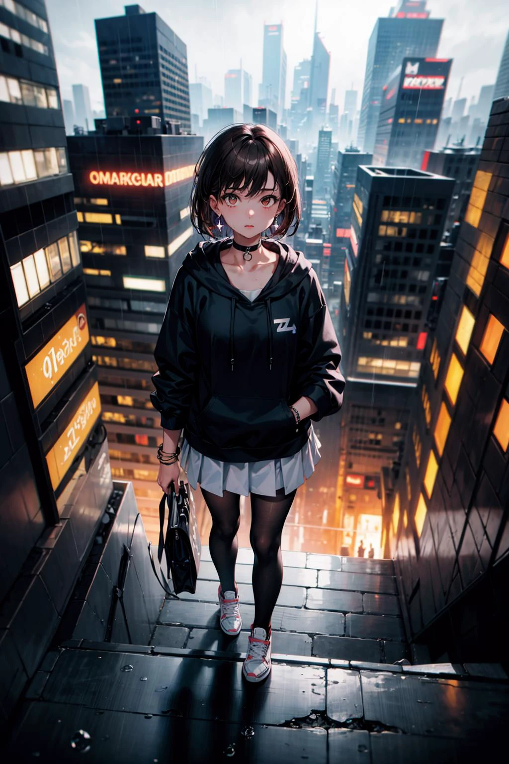 masterpiece, best quality, from above, 1girl, full body, standing, looking at viewer, sidecut brown hair, fade cut hair, fade side cut hair, black hoodie, white skirt, black stockings, bracelet, earrings, black choker, white and red sneakers, rooftop, cyberpunk city skyscraper background, very tall futuristic tower, neon lights, nighttime, raining, wet floor, chromatic aberration, cinematic bokeh, (blurry background), looking at city streets from above, (masterpiece, best quality:1.2), (good anatomy, good hand:1.2), high detail