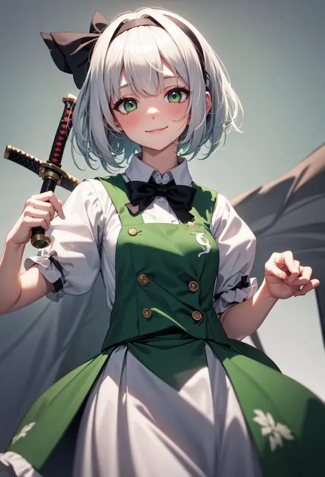 aki_(1213_2001) abyss_orange_mix touhou konpaku_youmu highres lora 1girl bangs black_bow black_bowtie black_hairband black_ribbon blush bob_cut bow bowtie breasts closed_mouth collared_shirt green_eyes green_skirt green_vest grey_hair hair_ribbon hairband hitodama_print katana looking_at_viewer puffy_short_sleeves puffy_sleeves ribbon sheath sheathed shirt short_hair short_sleeves simple_background skirt skirt_set small_breasts smile solo sword upper_body vest weapon white_background white_hair white_shirt