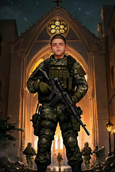 Photograph,22yo slim angry Man dg_ShawnPyfrom (Soldiers defending the cathedral.),blood splatter,bokeh,cinematic hd 8k highly detailed,trending artstation,at night,colorful,((full sharp, highly detailed skin)),
<lora:dg_ShawnPyfrom-v1:0.8>,