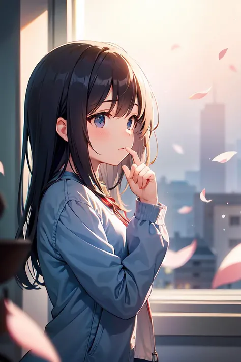 a girl, (out the window:1.1), (outside view:1.1), From the third person, fluttering petals, (depth of field, blurry, blurry background, bokeh:1.2)