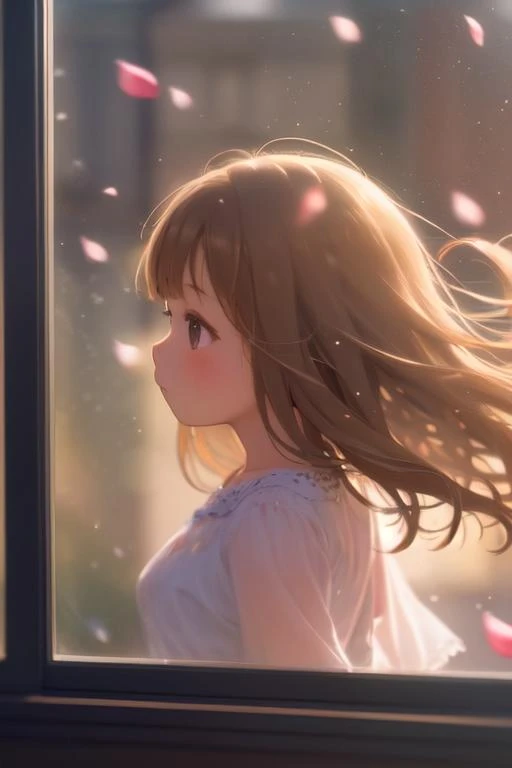 a girl, (out the window:1.1), (outside view:1.1), From the third person, fluttering petals, (depth of field, blurry background, bokeh:1.2)