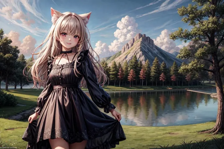 masterpiece, best quality, extreme detail, no mistakes in the artwork, the artwork is a masterpiece with no flaws, is the best and highest quality art in the anime style, the most beautiful anime style art ever seen, award winning anime that is visually stunning, the art has the best transition between two shapes of colors, depth, art that was drawn by a pro artist,
cute cat girl wearing a cute dress smiling at the viewer standing in a grass field with a lake behind her, <lora:more_details:1>