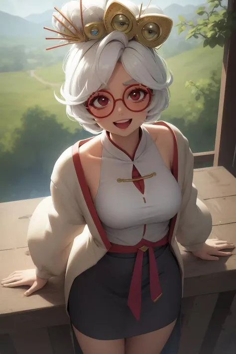 masterpiece, best quality, purah, red glasses, hair ornament, white jacket, sleeveless shirt, black skirt, upper body, from above, looking at viewer, smile, open mouth, furrowed brow, rustic village <lora:purah-nvwls-v2-final:0.9>