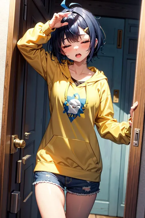 (masterpiece, best quality:1.2), (good anatomy, good hand:1.2), high detail, 1girl, ahoge, black hair, blue shorts, closed eyes, door, hair ornament, hairclip, hood, hoodie, open mouth, outstretched arms, short hair, shorts, blue hair, solo, yellow raincoat, <lora:Ohto_Ai:0.9>, Ohto_Ai