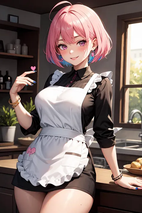 (masterpiece, best quality:1.2), (good anatomy, good hand:1.2), high detail, 1girl, ahoge, apron, bangle, bangs, blue_hair, blush, bracelet, breasts, collar, earrings, eyebrows_visible_through_hair, frills,  hair_intakes, heart, jewelry, large_breasts, multicolored_hair, nail_polish, pill_earrings, pink_eyes, pink_hair, pink_nails, ring, short_hair, smile, solo, sweat, thick_thighs, thighs, two-tone_hair,