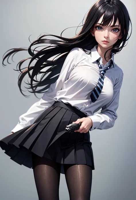 (masterpiece:1.2),best quality,high resolution,unity 8k wallpaper,(illustration:1),beautiful detailed eyes:,extremely detailed face,perfect lighting,photo_\(medium\),photorealistic,realistic, 1girl, solo, necktie, pantyhose, skirt, long hair, black hair, shirt, head out of frame, white shirt, striped necktie, simple background, long sleeves, pleated skirt, black skirt, gun, school uniform, collared shirt, handgun, standing, grey background, weapon,