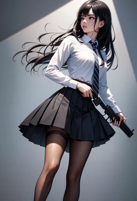 (masterpiece:1.2),best quality,high resolution,unity 8k wallpaper,(illustration:1),beautiful detailed eyes:,extremely detailed face,perfect lighting,photo_\(medium\),photorealistic,realistic, 1girl, solo, necktie, pantyhose, skirt, long hair, black hair, shirt, head out of frame, white shirt, striped necktie, simple background, long sleeves, pleated skirt, black skirt, gun, school uniform, collared shirt, handgun, standing, grey background, weapon,