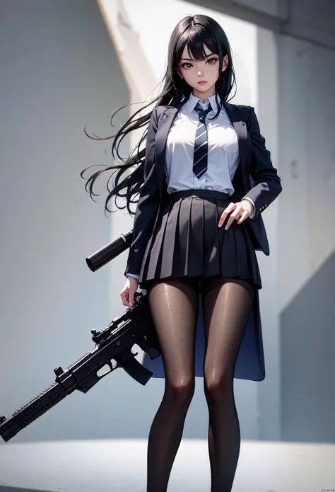 (masterpiece:1.2),best quality,high resolution,unity 8k wallpaper,(illustration:1),beautiful detailed eyes:,extremely detailed face,perfect lighting,photo_\(medium\),photorealistic,realistic, 1girl, solo, necktie, pantyhose, skirt, long hair, black hair, shirt, head out of frame, white shirt, striped necktie, simple background, long sleeves, pleated skirt, black skirt, gun, school uniform, collared shirt, handgun, standing, grey background, weapon,