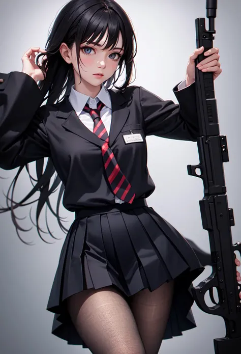 (masterpiece:1.2),best quality,high resolution,unity 8k wallpaper,(illustration:1),beautiful detailed eyes:,extremely detailed face,perfect lighting,photo_\(medium\),photorealistic,realistic, 1girl, solo, necktie, pantyhose, skirt, long hair, black hair, shirt, head out of frame, white shirt, striped necktie, simple background, long sleeves, pleated skirt, black skirt, gun, school uniform, collared shirt, handgun, standing, grey background, weapon,