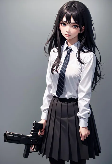 (masterpiece:1.2),best quality,high resolution,unity 8k wallpaper,(illustration:1),beautiful detailed eyes:,extremely detailed face,perfect lighting,photo_\(medium\),photorealistic,realistic, 1girl, solo, necktie, pantyhose, skirt, long hair, black hair, shirt, head out of frame, white shirt, striped necktie, simple background, long sleeves, pleated skirt, black skirt, gun, school uniform, collared shirt, handgun, standing, grey background, weapon,