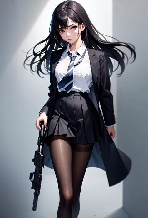 (masterpiece:1.2),best quality,high resolution,unity 8k wallpaper,(illustration:1),beautiful detailed eyes:,extremely detailed face,perfect lighting,photo_\(medium\),photorealistic,realistic, 1girl, solo, necktie, pantyhose, skirt, long hair, black hair, shirt, head out of frame, white shirt, striped necktie, simple background, long sleeves, pleated skirt, black skirt, gun, school uniform, collared shirt, handgun, standing, grey background, weapon,