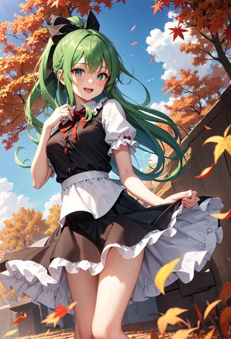 dirt_eater anything_(model) touhou kagiyama_hina highres lora non-web_source self_upload 1girl :d arm_ribbon autumn autumn_leaves bangs black_shirt blue_sky bow day frills front_ponytail green_eyes green_hair hair_bow hair_ribbon leaf long_hair looking_at_viewer open_mouth outdoors red_bow red_skirt ribbon shirt short_sleeves skirt sky smile solo swirls