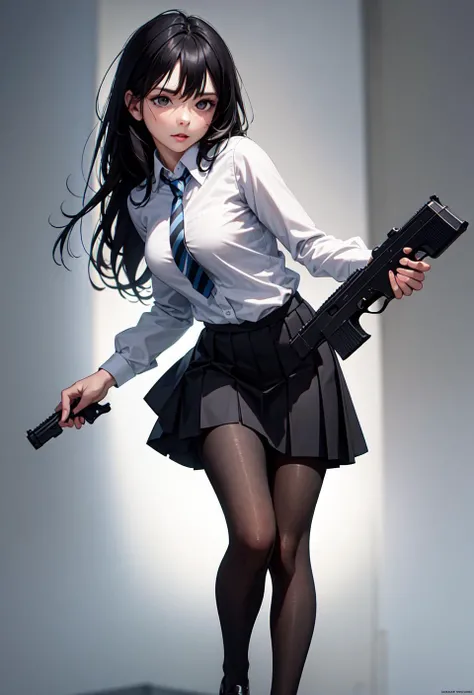 (masterpiece:1.2),best quality,high resolution,unity 8k wallpaper,(illustration:1),beautiful detailed eyes:,extremely detailed face,perfect lighting,photo_\(medium\),photorealistic,realistic, 1girl, solo, necktie, pantyhose, skirt, long hair, black hair, shirt, head out of frame, white shirt, striped necktie, simple background, long sleeves, pleated skirt, black skirt, gun, school uniform, collared shirt, handgun, standing, grey background, weapon,