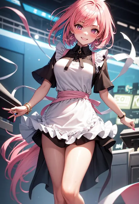 (masterpiece, best quality:1.2), (good anatomy, good hand:1.2), high detail, 1girl, ahoge, apron, bangle, bangs, blue_hair, blush, bracelet, breasts, collar, earrings, eyebrows_visible_through_hair, frills,  hair_intakes, heart, jewelry, large_breasts, multicolored_hair, nail_polish, pill_earrings, pink_eyes, pink_hair, pink_nails, ring, short_hair, smile, solo, sweat, thick_thighs, thighs, two-tone_hair,