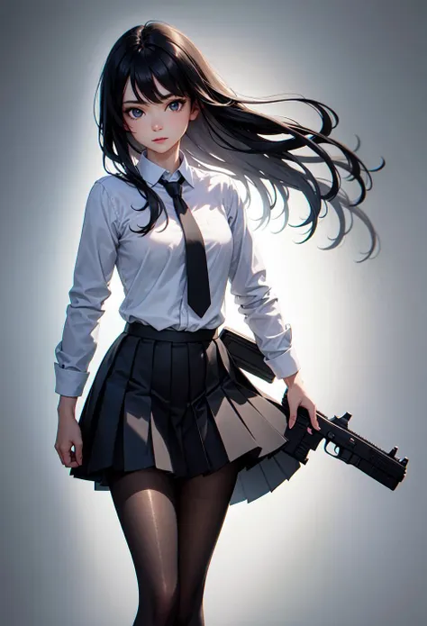 (masterpiece:1.2),best quality,high resolution,unity 8k wallpaper,(illustration:1),beautiful detailed eyes:,extremely detailed face,perfect lighting,photo_\(medium\),photorealistic,realistic, 1girl, solo, necktie, pantyhose, skirt, long hair, black hair, shirt, head out of frame, white shirt, striped necktie, simple background, long sleeves, pleated skirt, black skirt, gun, school uniform, collared shirt, handgun, standing, grey background, weapon,