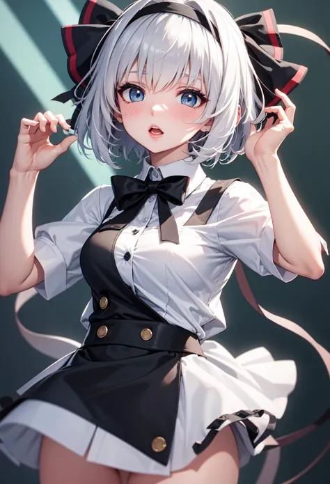 warsten-9043 meinahentai touhou konpaku_youmu highres 1girl bangs black_bow black_bowtie black_hairband black_ribbon blue_eyes blush bob_cut bow bowtie breasts collared_shirt green_vest grey_hair hair_ribbon hairband hand_up hitodama large_breasts lips looking_at_viewer medium_breasts open_mouth parted_lips puffy_short_sleeves puffy_sleeves ribbon shirt short_hair short_sleeves solo upper_body vest white_hair white_shirt