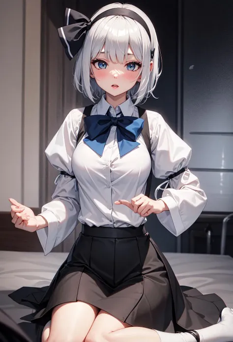 warsten-9043 meinahentai touhou konpaku_youmu highres 1girl bangs black_bow black_bowtie black_hairband black_ribbon blue_eyes blush bob_cut bow bowtie breasts collared_shirt green_vest grey_hair hair_ribbon hairband  hitodama large_breasts lips looking_at_viewer medium_breasts open_mouth parted_lips puffy_short_sleeves puffy_sleeves ribbon shirt short_hair short_sleeves solo upper_body vest white_hair white_shirt