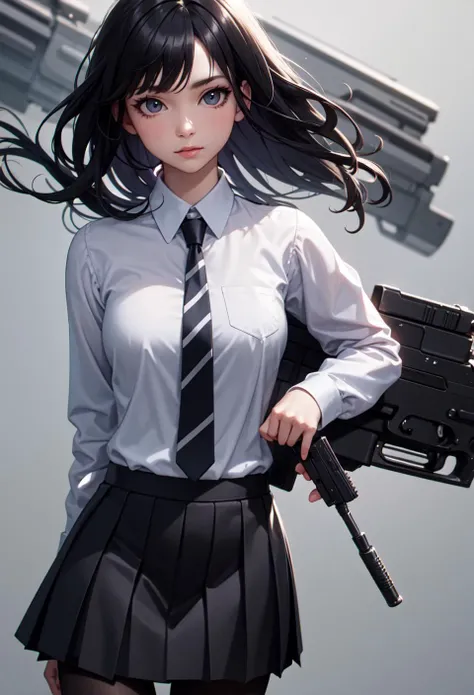 (masterpiece:1.2),best quality,high resolution,unity 8k wallpaper,(illustration:1),beautiful detailed eyes:,extremely detailed face,perfect lighting,photo_\(medium\),photorealistic,realistic, 1girl, solo, necktie, pantyhose, skirt, long hair, black hair, shirt, head out of frame, white shirt, striped necktie, simple background, long sleeves, pleated skirt, black skirt, gun, school uniform, collared shirt, handgun, standing, grey background, weapon,