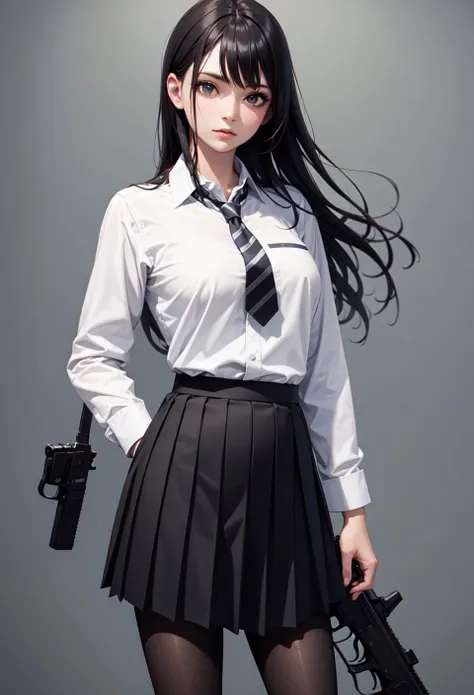 (masterpiece:1.2),best quality,high resolution,unity 8k wallpaper,(illustration:1),beautiful detailed eyes:,extremely detailed face,perfect lighting,photo_\(medium\),photorealistic,realistic, 1girl, solo, necktie, pantyhose, skirt, long hair, black hair, shirt, head out of frame, white shirt, striped necktie, simple background, long sleeves, pleated skirt, black skirt, gun, school uniform, collared shirt, handgun, standing, grey background, weapon,