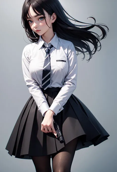 (masterpiece:1.2),best quality,high resolution,unity 8k wallpaper,(illustration:1),beautiful detailed eyes:,extremely detailed face,perfect lighting,photo_\(medium\),photorealistic,realistic, 1girl, solo, necktie, pantyhose, skirt, long hair, black hair, shirt, head out of frame, white shirt, striped necktie, simple background, long sleeves, pleated skirt, black skirt, gun, school uniform, collared shirt, handgun, standing, grey background, weapon,