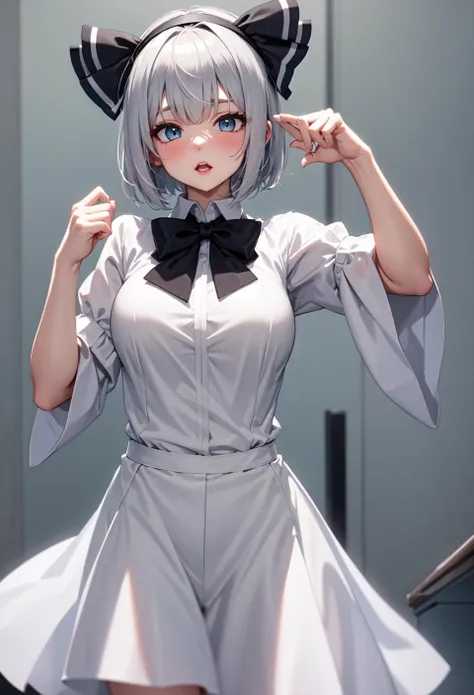 warsten-9043 meinahentai touhou konpaku_youmu highres 1girl bangs black_bow black_bowtie black_hairband black_ribbon blue_eyes blush bob_cut bow bowtie breasts collared_shirt green_vest grey_hair hair_ribbon hairband hand_up hitodama large_breasts lips looking_at_viewer medium_breasts open_mouth parted_lips puffy_short_sleeves puffy_sleeves ribbon shirt short_hair short_sleeves solo upper_body vest white_hair white_shirt