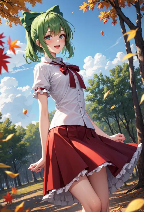 dirt_eater anything_(model) touhou kagiyama_hina highres lora non-web_source self_upload 1girl :d arm_ribbon autumn autumn_leaves bangs black_shirt blue_sky bow day frills front_ponytail green_eyes green_hair hair_bow hair_ribbon leaf long_hair looking_at_viewer open_mouth outdoors red_bow red_skirt ribbon shirt short_sleeves skirt sky smile solo swirls