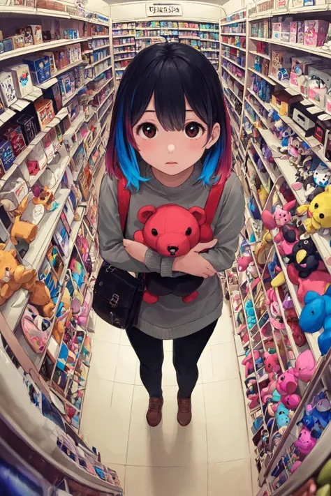 (masterpiece, best quality), (colorful:1.4), from above, solo, 1girl standing in a store with lots of stuffed animals on the shelves and a bag of stuff, depth of field, fisheye lens