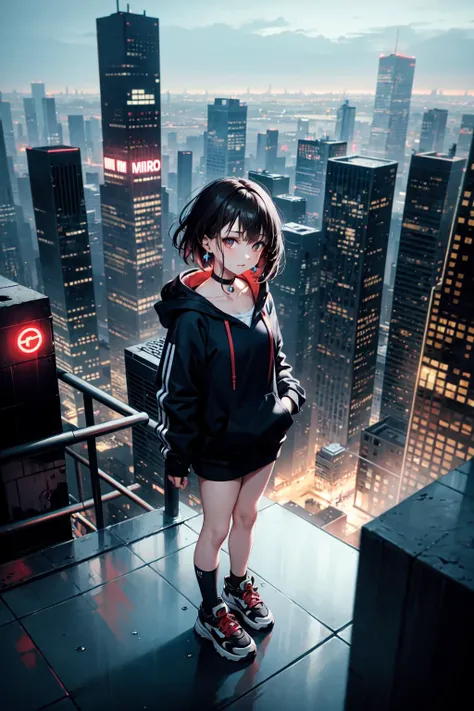 masterpiece, best quality, from above, 1girl, full body, standing, looking at viewer, sidecut brown hair, fade cut hair, fade side cut hair, black hoodie, white skirt, black stockings, bracelet, earrings, black choker, white and red sneakers, rooftop, cyberpunk city skyscraper background, very tall futuristic tower, neon lights, nighttime, raining, wet floor, chromatic aberration, cinematic bokeh, (blurry background), looking at city streets from above, (masterpiece, best quality:1.2), (good anatomy, good hand:1.2), high detail