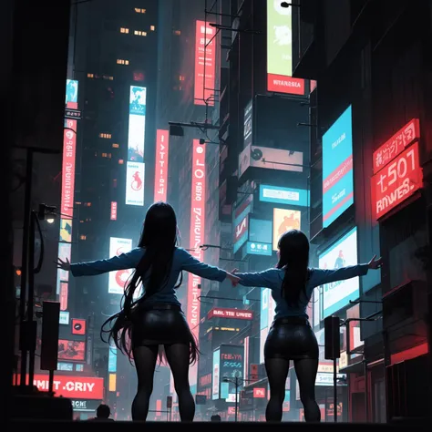 a woman,high-rises,standing on the roof of the building,open your arms,day,blue shirt,long black hair,downtown,gorgeous,neon lamp,cyberpunk, (masterpiece, best quality:1.2), (good anatomy, good hand:1.2), high detail