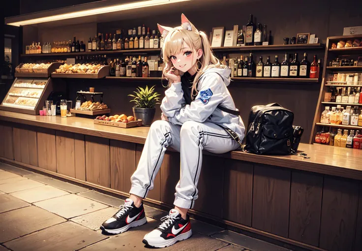 (Masterpiece:1.2), (best quality:1.2),, Night, kemomimi girl, bar, bandit, (skinny:1.2), (depth of field:1.2), smile, looking at viewer, completely detail. earrings, jewelry, pants, shoes, sneakers, hoop earrings, white pants, bag, nike, sitting, full body, plant, long sleeves, jacket, looking at viewer, white jacket