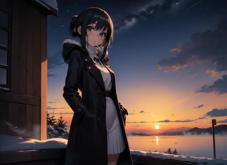 anime girl, (ite:1.3), looking at viewer, night sky, bay, sunset, coat, snow, large breasts, fog, masterpiece, best quality, cigarette