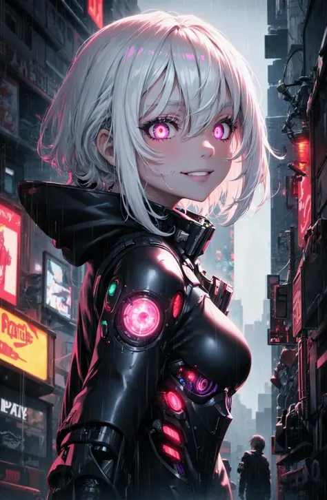 from side, 1girl, white hair, purple eyes, glowing eyes, evil smile, rain, pupils, street, cyborg, cyberpunk,